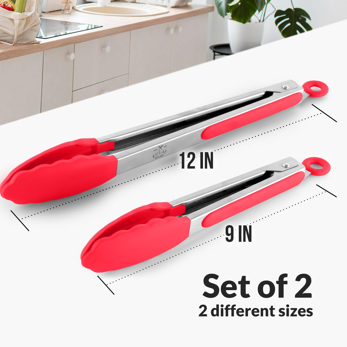 Zulay Stainless Steel Kitchen Tongs with Silicone Tips - Set of 2 (9” & 12”) Locking Cooking Tongs with Non-Slip Grip - Heat Resistant, BBQ Food Tongs for Non-Stick Cooking Pans (Silver/Soft Red)