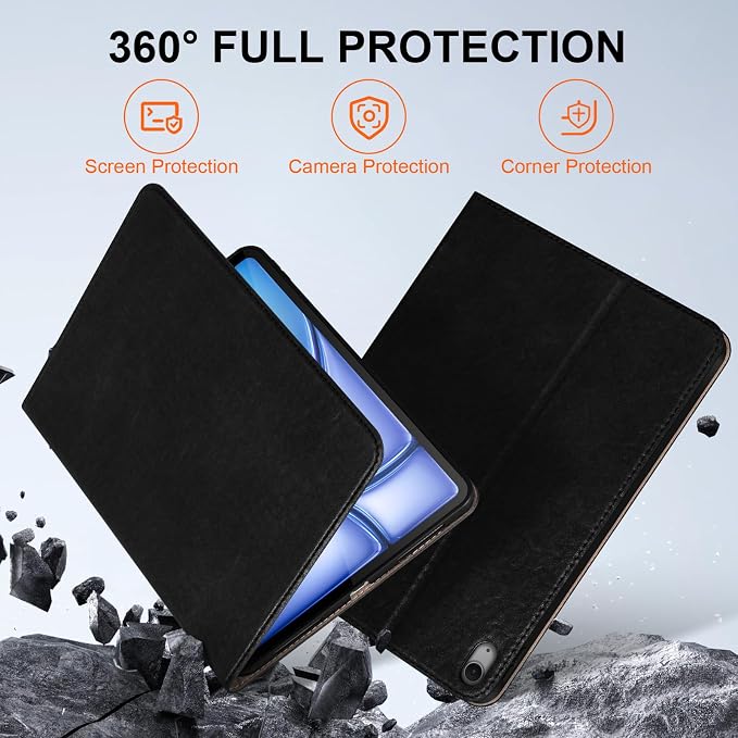 Leather Case for iPad Air 11 M2/M3/M4 &amp 10.9 4th/5th Gen Black | 2024-2026 2020/2022 Protective Shockproof Smart Cover Adjustable Stand Auto Wake/Sleep and Multiple View Angles