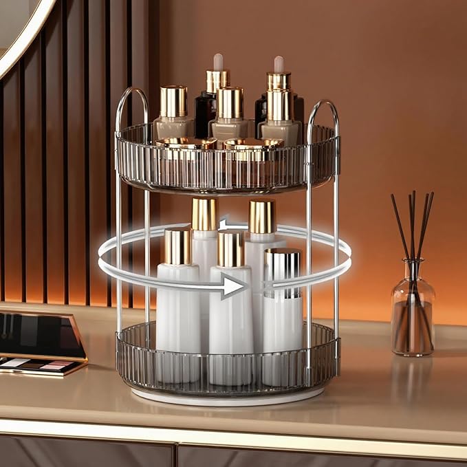 YCIA&DONE 360 Rotating Makeup Organizer and Storage for Vanity Countertop 2 Tiers, High Capacity Cosmetic Skincare Perfume Organizers for Dresser Bathroom Lazy Susan (Smoky Gray)