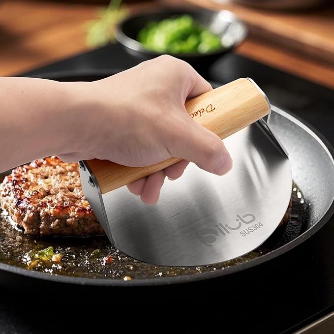 Smash Burger Press,304 Stainless Steel 6.0 Inches Round Hamburger Smasher with Anti Scald Wood Handle, Non-Stick Burger Press Perfect for Flat Top Griddle Grill Cooking (6'' Uncoated Press)