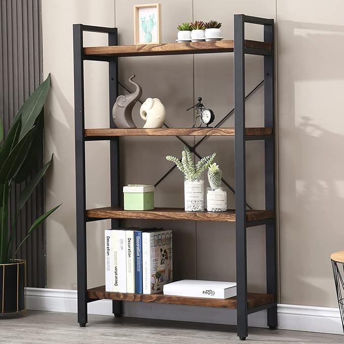 Solid Wood Bookshelf,4 Tier Rustic Vintage Industrial Etagere Bookcase, Open Metal and Wood Vintage Book Shelf, Retro Brown (RealWood)(4-Tier)