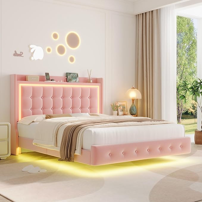 Keyluv Upholstered Full Floating Bed Frame with RGB LED Lights and Charging Station, Velvet Platform Bed with Button Tufted Storage Headboard, Type-C & USB Charging Ports, No Box Spring Needed, Pink
