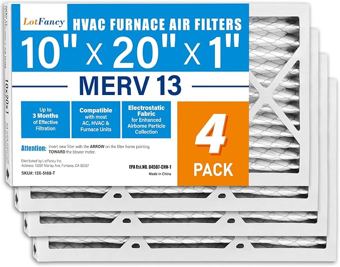 LotFancy 10x20x1 Air Filter MERV 13 4-Pack, Electrostatic Pleated HVAC Furnace