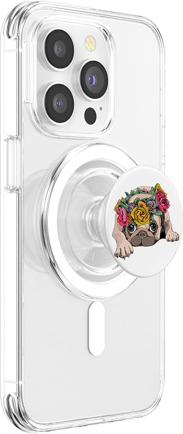 Cute Pug Pop Socket Flower Rose Floral Colorful On White PopSockets Adhesive PopGrip