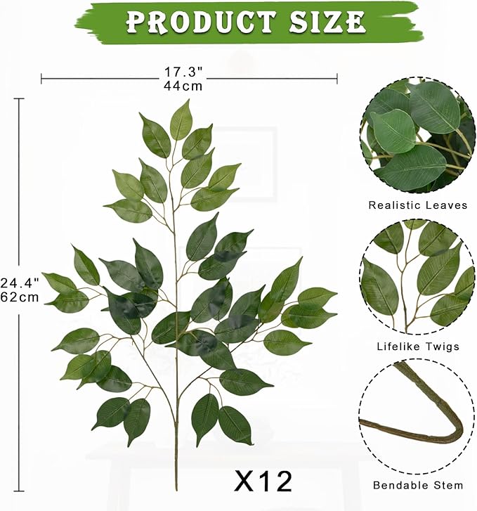 12PCS Ficus Leaves Artificial Branches 24" Faux Ficus Greenery Tree Branches Fake Ficus Leaves Sprays for Tree DIY Arch Wedding Wall Decor - Green