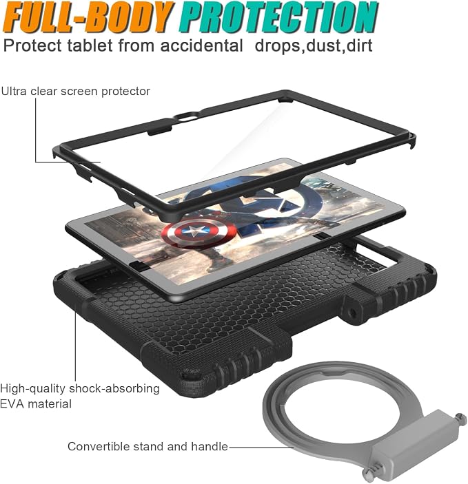Kids case for 10 inch Tablet Lightweight Shockproof Case with Screen Protector Handle StandBlack