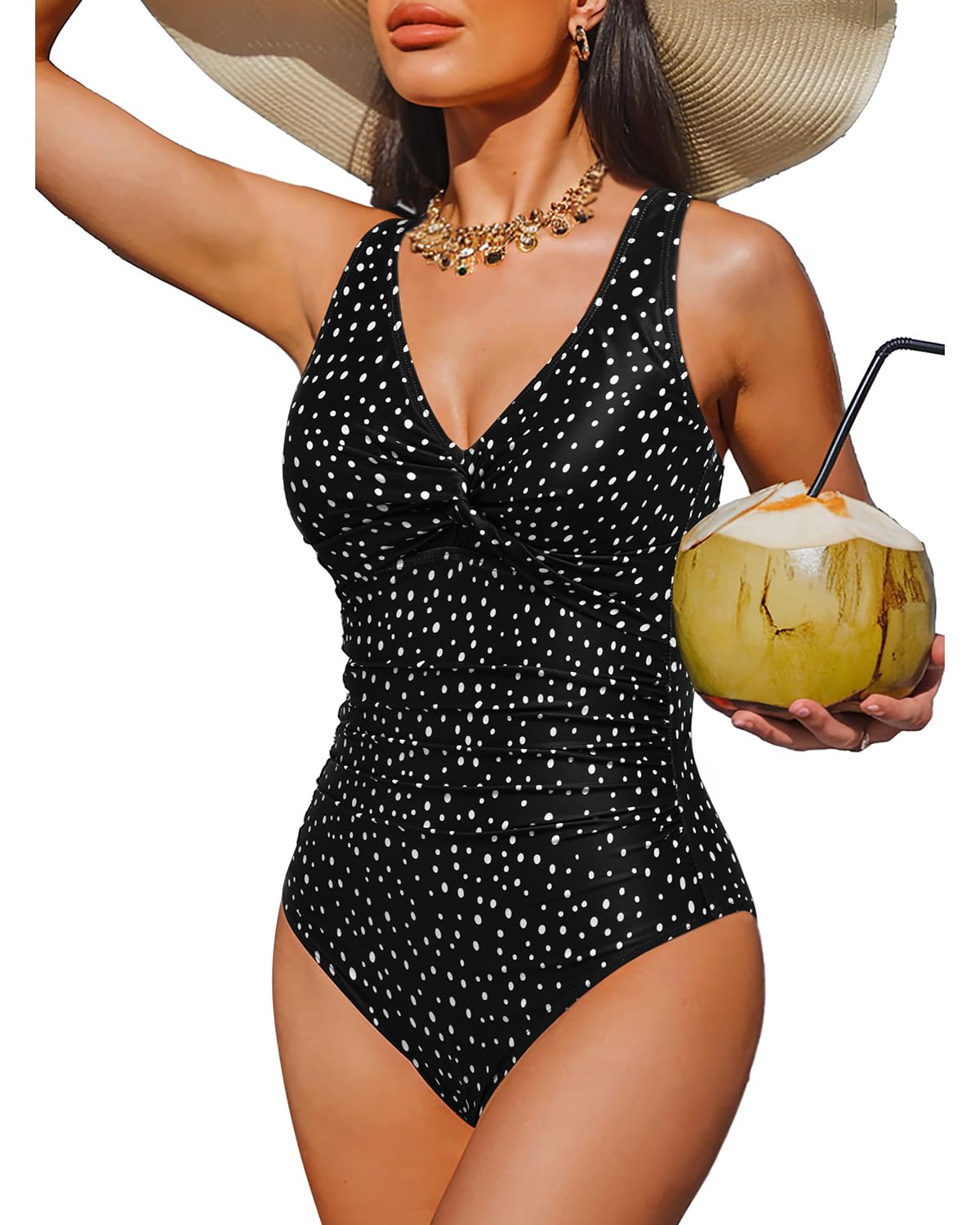 Holipick Black Dot Women Tummy Control One Piece Swimsuit - Push Up Bathing Suit Full Coverage Slimming Swimwear L