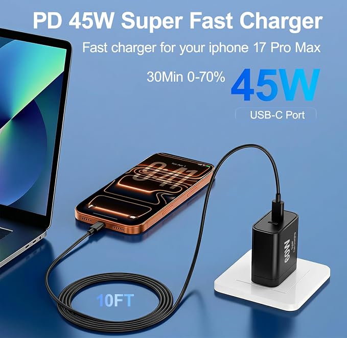 iPhone 17 Charger45W Fast Charging Dual Port USB C Charger Block with 3/6/10/10FT Type C Charging Cable-PD Quick Adapter 3.0 for iPhone 17e/17/17 Pro/17 Pro Max/Air/16/15 Pro Max/PlusiPad (Black)