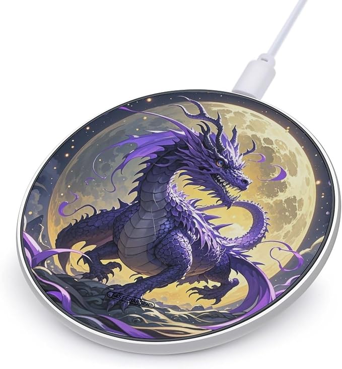 Purple Dragon Moon Wireless Charger Aluminum Alloy Frame 10W Fast Charging Pad with Indicator Light 6mm Thin &amp Portable Wireless Charging Pad for Travel Home Office Desk