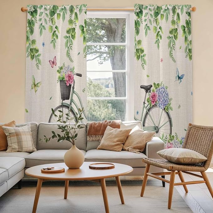 Farmhouse Spring Kitchen Curtains, Retro Bicycles Flowers Vines Butterfly Light