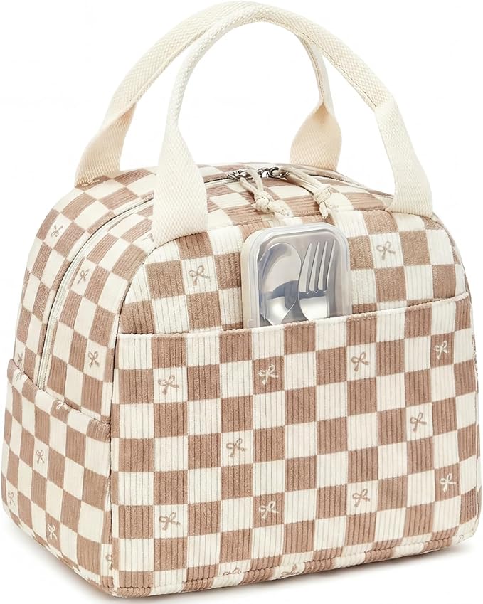 LEDAOU Lunch Box for Women Insulated Lunch Bag Corduroy Lunch Tote Bags Leakproof Cooler Lunch Case for Travel Work Picnic (rown Checkered Bow)