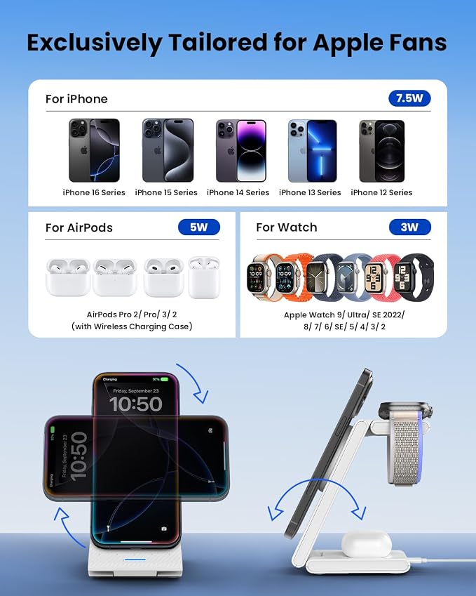 Wireless Charger Stand CIYOYO 3 in 1 Fast Wireless Charging Station Dock for Apple Watch 11/9/8/7/6/SE/5/4/3/2 Airpods 3/2/Pro iPhone 17/16/15/14/14 Plus/14 Pro Max/13/13 Pro/12/12 Pro/SE/X/XR/XS/8