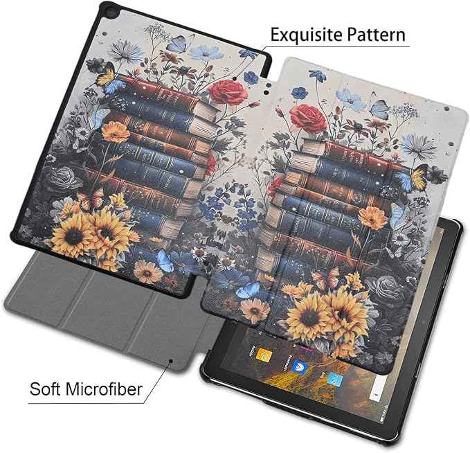 Case for Amazon Fire HD 10 Tablet (7th and 9th Generation 2017 and 2019 Release) Lightweight PU Leather Stand Cover with Auto Wake/Sleep Book and Flowers
