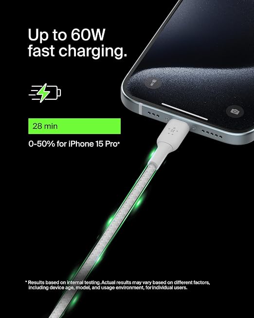 Belkin USB C to USB C Braided Cable 3.3ft iPhone Charger Cord | tangle-free braided cord iPhone 17/16 Samsung Galaxy S25 Pixel 9 MacBook iPad Pro Nintendo Switch 2 travel essential