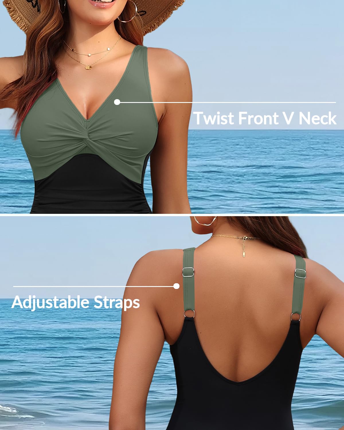 Holipick Green and Black Women Tummy Control One Piece Swimsuit - Push Up Bathing Suit Full Coverage Slimming Swimwear XXL