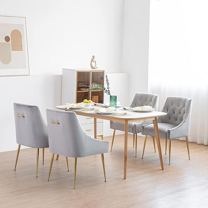 Modern Dining Chairs Set of 6, Mid Century Dining Chairs with 5.12” Cushions and Golden Legs, Velvet Upholstered Chairs with Back Pull Rod, for Kitchen, Living Room, Grey