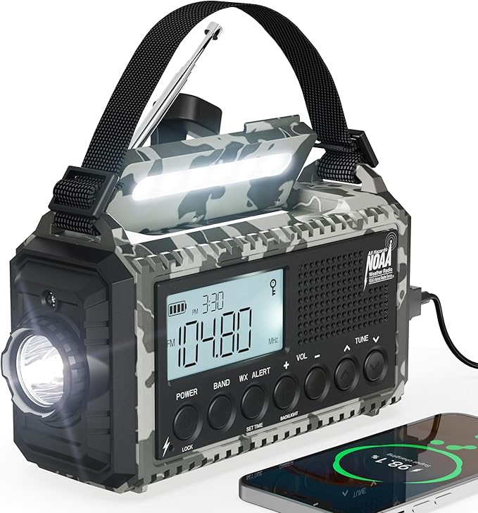 Mesqool Emergency Radio AM/FM/SW/NOAA Weather Radio, 12000 Battery Powered Rechargeable Hand Crank Solar Radio Flashlight Cell Phone Charger, SOS, Including Type-C Adapter Cord