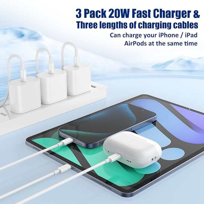 i Phone 17/16 Charger Fast Charging 3-Pack 20W Type C Charger[3+6+10FT] USB C Wall Charger Cables for iPhone 16/15/15 Plus/15 Pro Max iPad Pro/Air/AirPods/Samsung
