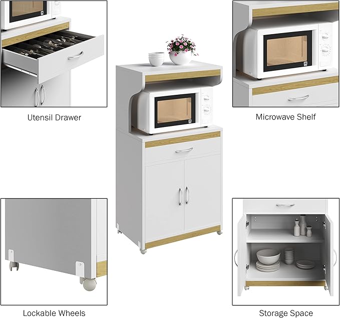 Microwave Stand with Storage – Rolling White Cabinet with Doors, Drawer, and Locking Wheels – Freestanding Wood Cart by Lavish Home (White and Oak)