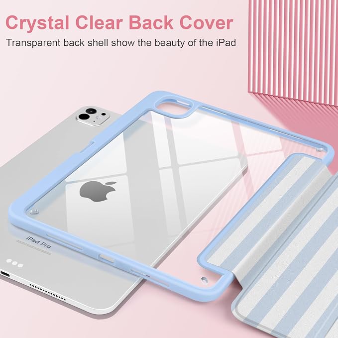 Case for iPad Pro 11 inch M5 2025 /M4 2024 Blue Ribbon Stripe | Blue Ribbon Stripe Folio Case with Clear Back Pencil Holder Trifold Stand and Auto Sleep/Wake for Preppy Aesthetic Users