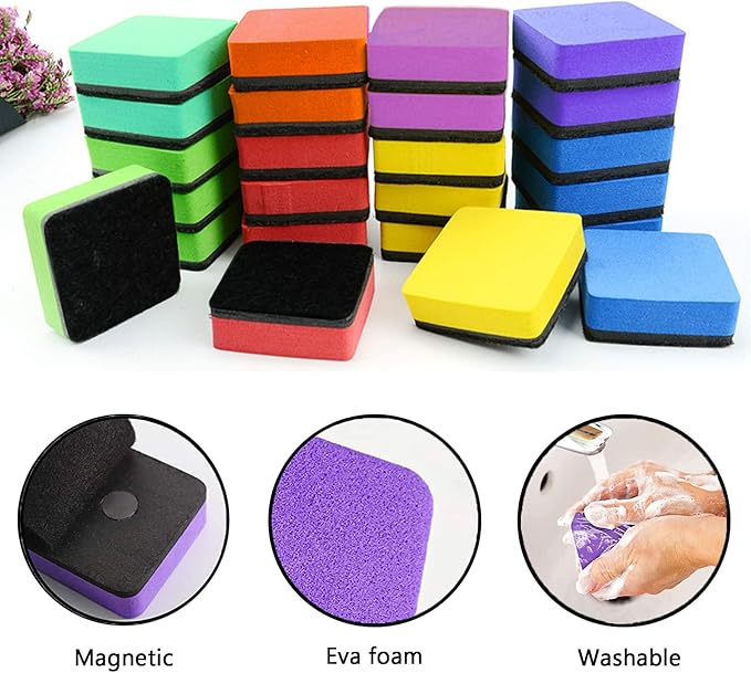 Dry Erase Erasers, AWOWZ 24 Pack Mini Magnetic Whiteboard Dry Eraser Chalkboard Cleaner Bulk for Home, Office and Classroom Teacher Kids Supplies (8 Color, 2 x 2 x 0.79 Inch)