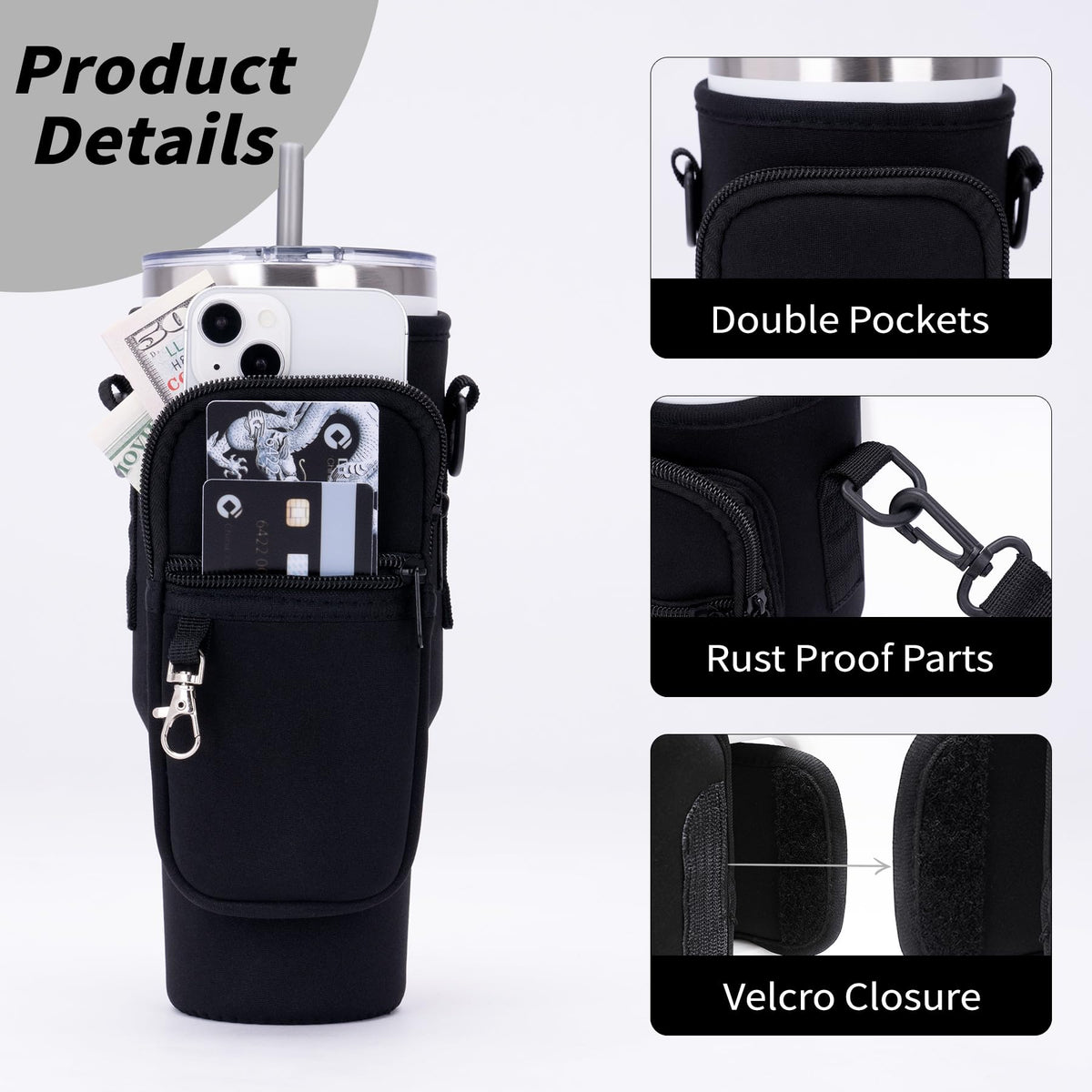 Toptime Water Bottle Carrier Bag with Phone Pocket for Stanley Cup 40 oz, Water Bottle Holder with Adjustable Shoulder Strap, Neoprene Stanley Cup Accessories for Hiking Travelling Camping (Black)