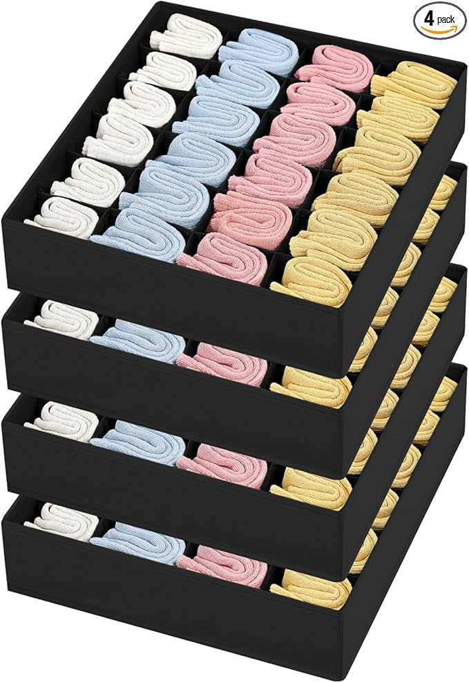 Joyoldelf Sock Drawer Organizer Divider Underwear Organizer 24-cell Fabric Dresser Drawer Organizers Storage Boxes for Socks Lingerie, Handkerchiefs, Ties 4 Pack (Black)