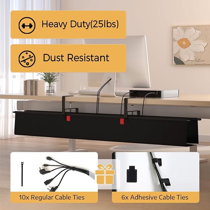 Under Desk Cable Management Tray - 48" Cord Organizer for Desk No Drill, Fabric Under Table Wire Organizer with 16X Cable Ties Hide for Office/Home, Cord Hider Fits Adapters & Sockets, Black