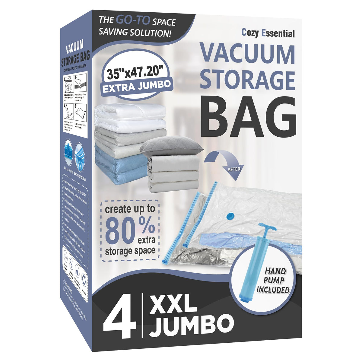 4 XXL Jumbo Vacuum Storage Bags for Bedding, Space Saver with Hand Pump