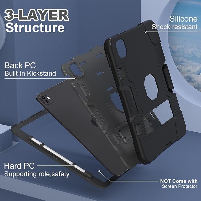 Tablet case for iPad Pro 11 Inch 2024 (5th Gen)Hard PC Soft Silicone Protective Kickstand tab Case for iPad Pro 2024 11 (Model: A3006/A2836/A2837) Pencil Holder Kickstand Cover Black