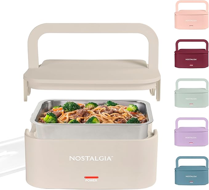 Nostalgia Portable Heated Lunch Box – 4-Cup Stainless Steel Food Warmer – Detachable Cord, Leak-Proof Lid, Carry Handle – Portable for Work & Travel – Oatmeal