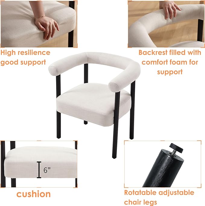 Mid-Century Modern Dining Chairs Set of 6, Armrest Barrel Dining Chairs Side Accent Chairs with Curved Back, Upholstered Wood Armchairs for Kitchen, Linen Beige