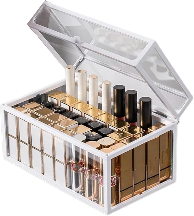 40 Lipsticks Organizer with Lid, Glass Display Box Fits Large Perfume & Skincare, Easy-Access Organiser for Vanity Countertop, Multifunctional Display Box in Any Rooms