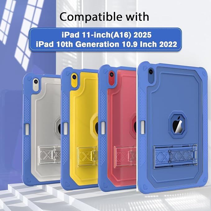 ZoneFoker Case for iPad 11-inch (A16) 2025 / iPad 10th Gen 10.9 inch 2022 Heavy Duty Shockproof Rugged Protective with Pencil Holder 11th / 10th Translucent Cover with Kickstand