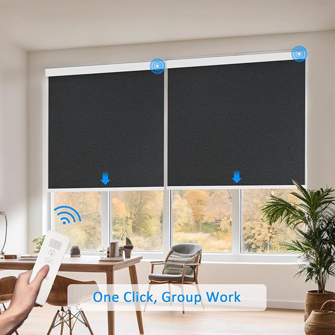 COOLWINDS Motorized Blinds with Remote Cordless Automatic Motorized Shades Custom Blinds for Windows Smart Curtains Compatible with Alexa Google Home(Blackout Jacquard Black,W62 x H72in)