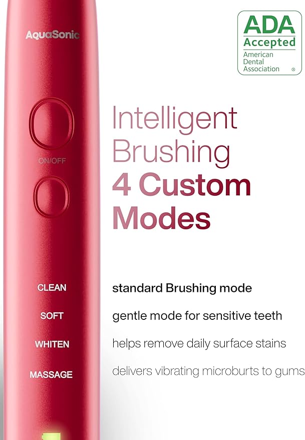 Aquasonic Vibe Series Ultra-Whitening Toothbrush – ADA Accepted Electric Toothbrush - 8 Brush Heads & Travel Case – 40,000 VPM Motor & Wireless Charging - 4 Modes w Smart Timer – Ruby