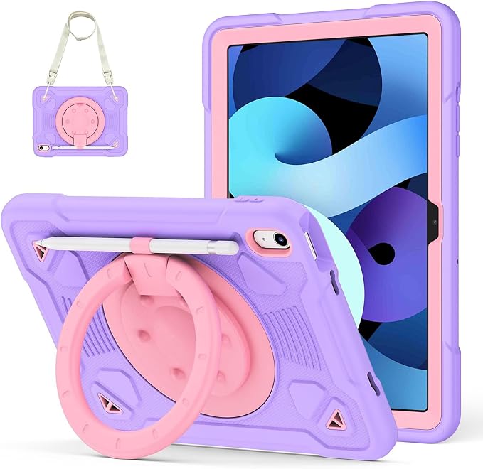 Case for iPad A16 11th / 10th Gen 10.9-Inch 360° Rotating Kickstand | Kids Shockproof Protective Cover with Handle Shoulder Strap &amp Pencil Holder Durable Silicone Case for Girls Black