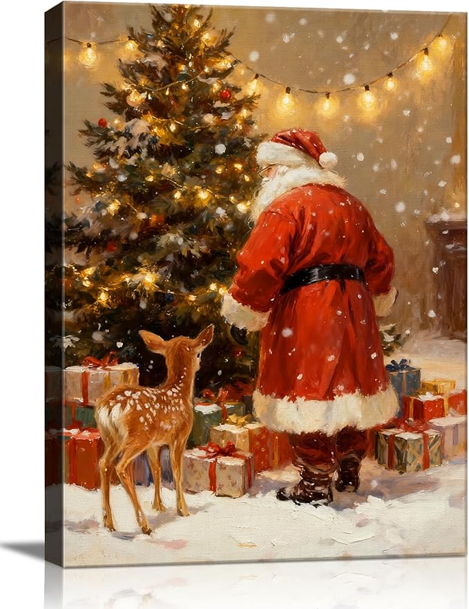 Santa's Reindeer & Christmas Tree Canvas Wall Art - Vintage Framed Canvas Prints for Living Room & Office, Festive Christmas Wall Decor Ready to Hang, Unique Christmas Gifts & Holiday Winter Decor