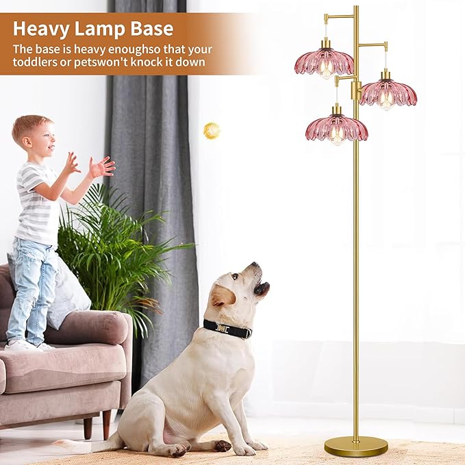 Vintage Floor Lamps for Living Room-3 Light Gold Dimmable Floor Lamp with Three Bulbs & Glass Lampshape, Mid Century Modern Standing Lamp Tree Tall Flower Floor Lamp for Bedroom Living Room,Corner
