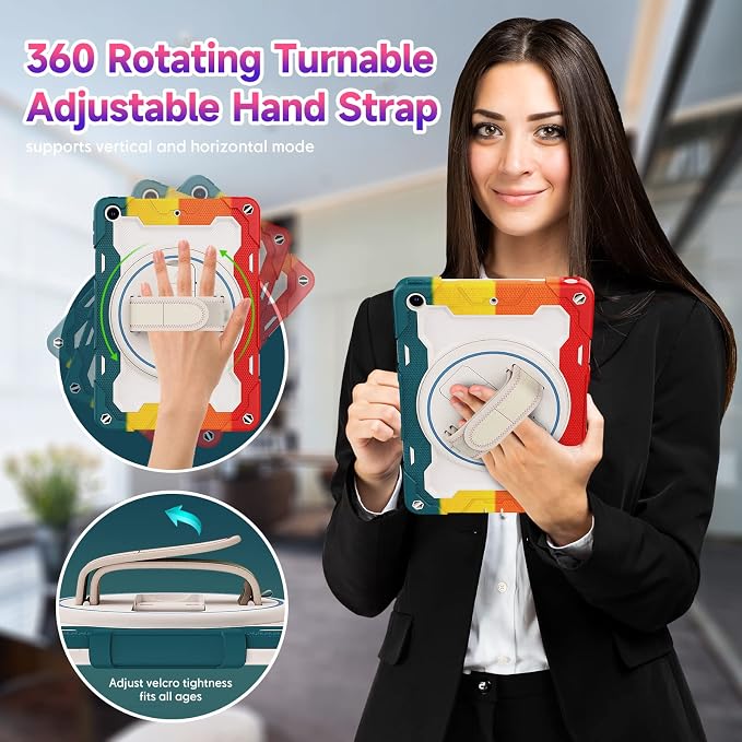 for iPad 9th 8th 7th Gen Case 10.2 inch with Screen Protector | 360° Rotating Kickstand Hand Strap Shoulder Strap Heavy Duty Military Grade - Kids Friendly