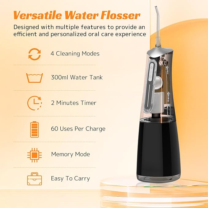 FlossJet Water Dental Flosser Cordless Oral Irrigator with 300ml 5 Tips 4 Modes USBCharger Portable Travle Irrigation Cleaner IPX7 Electric Irrigador Dental for Teeth Cleaning (Black)