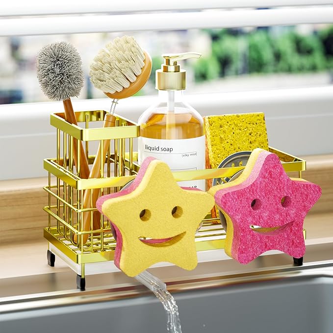 HapiRm Sink Caddy Sponge Holder - Self-draining Kitchen Sink Organizer with Smiley Face and Brush Holder, Stainless Steel Kitchen Sponge Caddy for Countertop - Gold