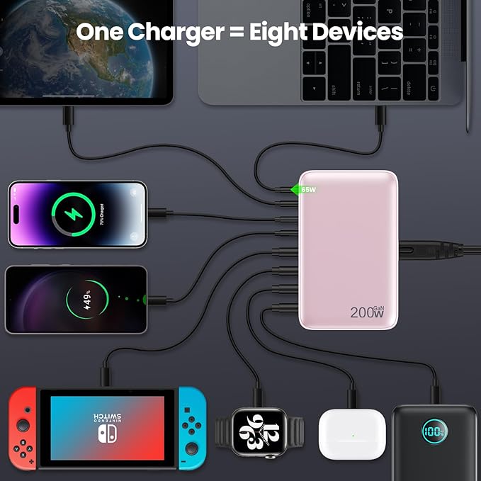 USB C Charger 200W USB C Charger Block,Upgraded GaN III 8-Port Fast Charging Station Hub,PD 65W Laptop Charging Adapter Compatible with MacBook Pro/Air,DELL,Steam Deck,iPhone 16/15/14,Galaxy S23/22