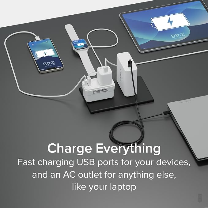 Plugable Outlet Extender with USB-C &amp USB-A Fast Charging - Wall Charger Block for iPhone 15/16. Pass-Through Design Travel &amp Office