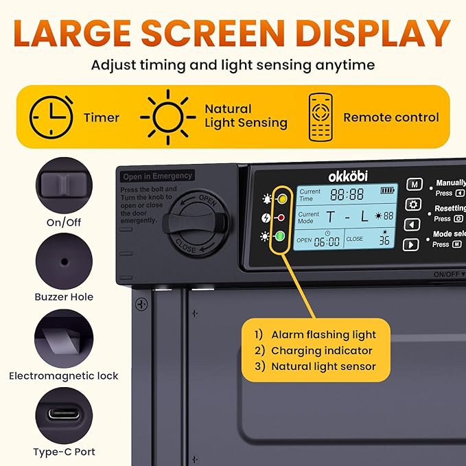 Okköbi Automatic Chicken Coop Door PRO - Light Sensor & Timer - Anti-Pinch Function - Wide Opening - New Model - Solar Powered with LCD Display - 5 Year Protection