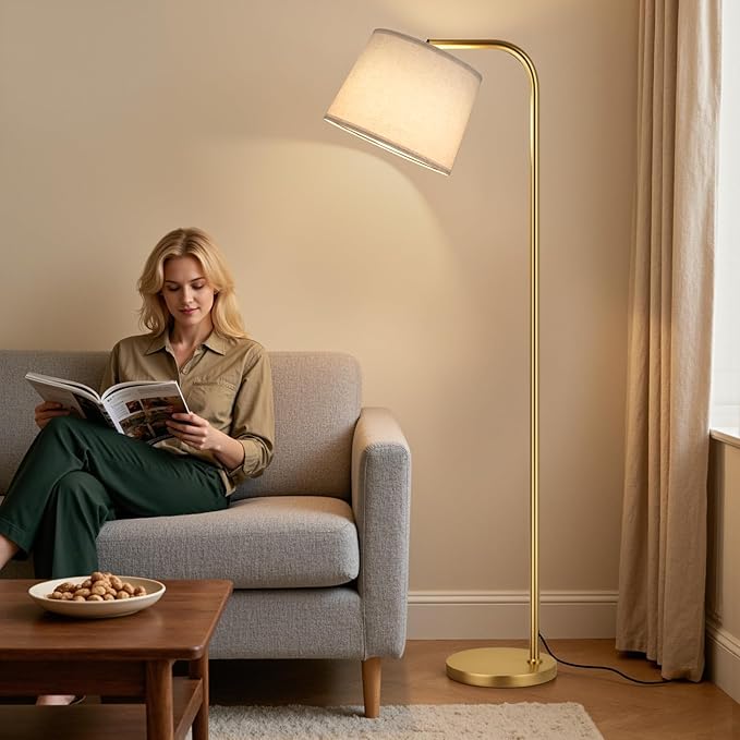 Ambimall Remote-Controlled Floor Lamp - Color Temperature Adjustable and Fully Dimmable, Standing Lamp for Living Room with Rotating Head, Tall Lamp for Bedroom, 9W Bulb Included (Gold and Beige)