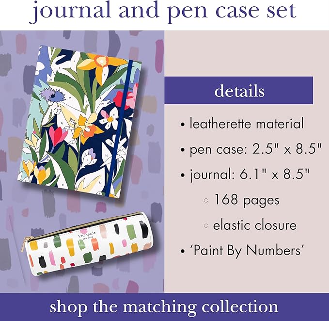 kate spade new york Lined Writing Journal with Pen Case, Vegan Leather Journal with 168 Pages, Zipper Pouch for Office Supplies, Paint by Numbers
