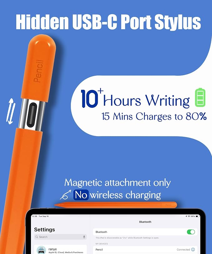 Pencil USB-C for Apple iPad 2018-2026: Slide-Switch Hidden-Port Stylus with Tilt Sensitivity &amp Palm Rejection Pen for iPad 6-11th Mini 5-7th Air 3-5th/M2/M3 Pro 11/12.9/13(M4/M5) Black