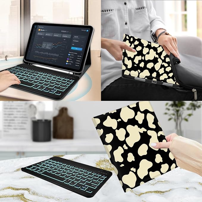 for Bluetooth Keyboard for iPad 10th Gen 10.9 inch (2022) case (A16) 11th / 10th Gen Case 11'' (2025) with 7-Color Backlights Pencil Holder Detachable Rechargeable - Black Cow