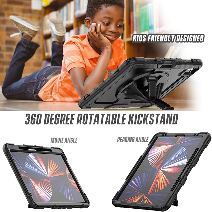 iPad Pro 11 Inch Case 2024 with Screen Protector Pen Holder | iPad Pro 11 5th Generation Case | Three Layer Shockproof Defender Protective Cover W/Stand Hand Strap for iPad A2836/A2837 | Black